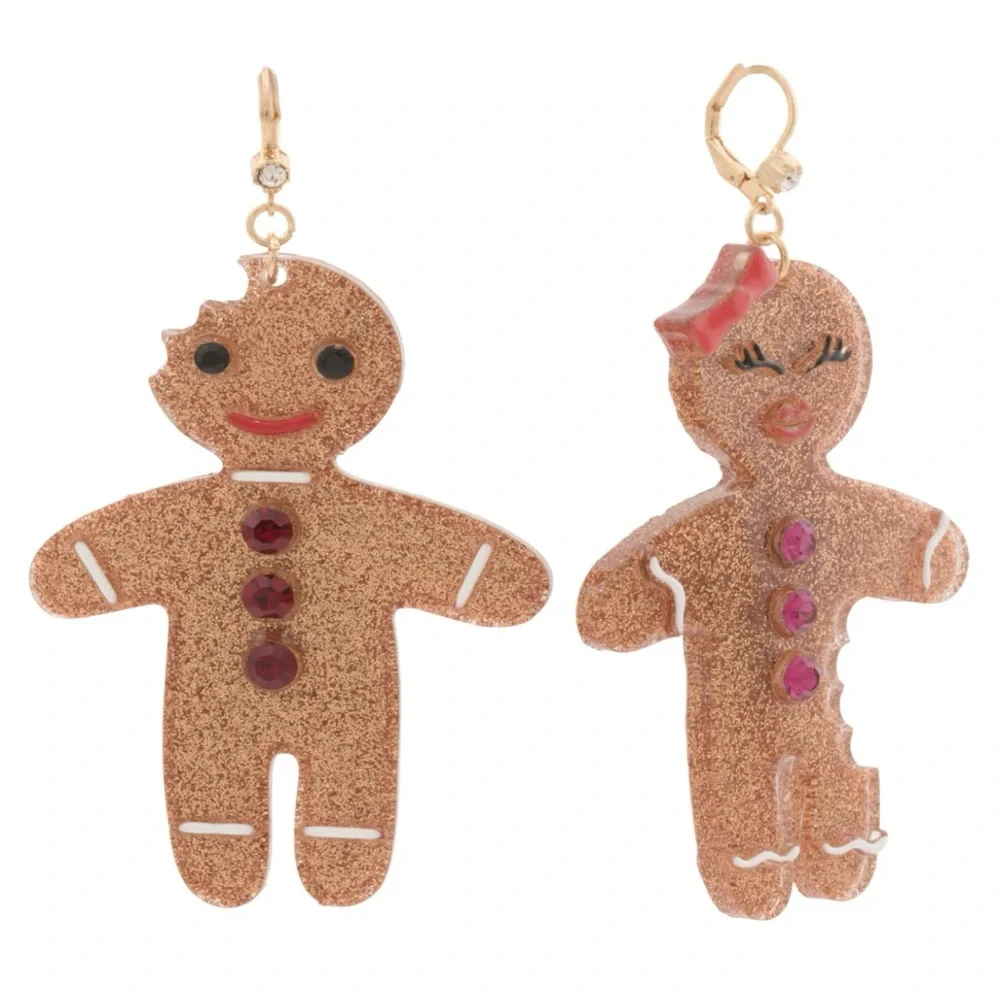 Glitter Mr. & Mrs. Gingerbread Earrings Girly Christmas Jewelry Betsey Johnson - Picture 1 of 2